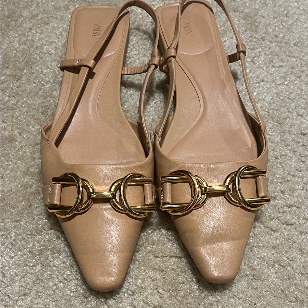 Zara Beige Slingback Flats with Gold Detail